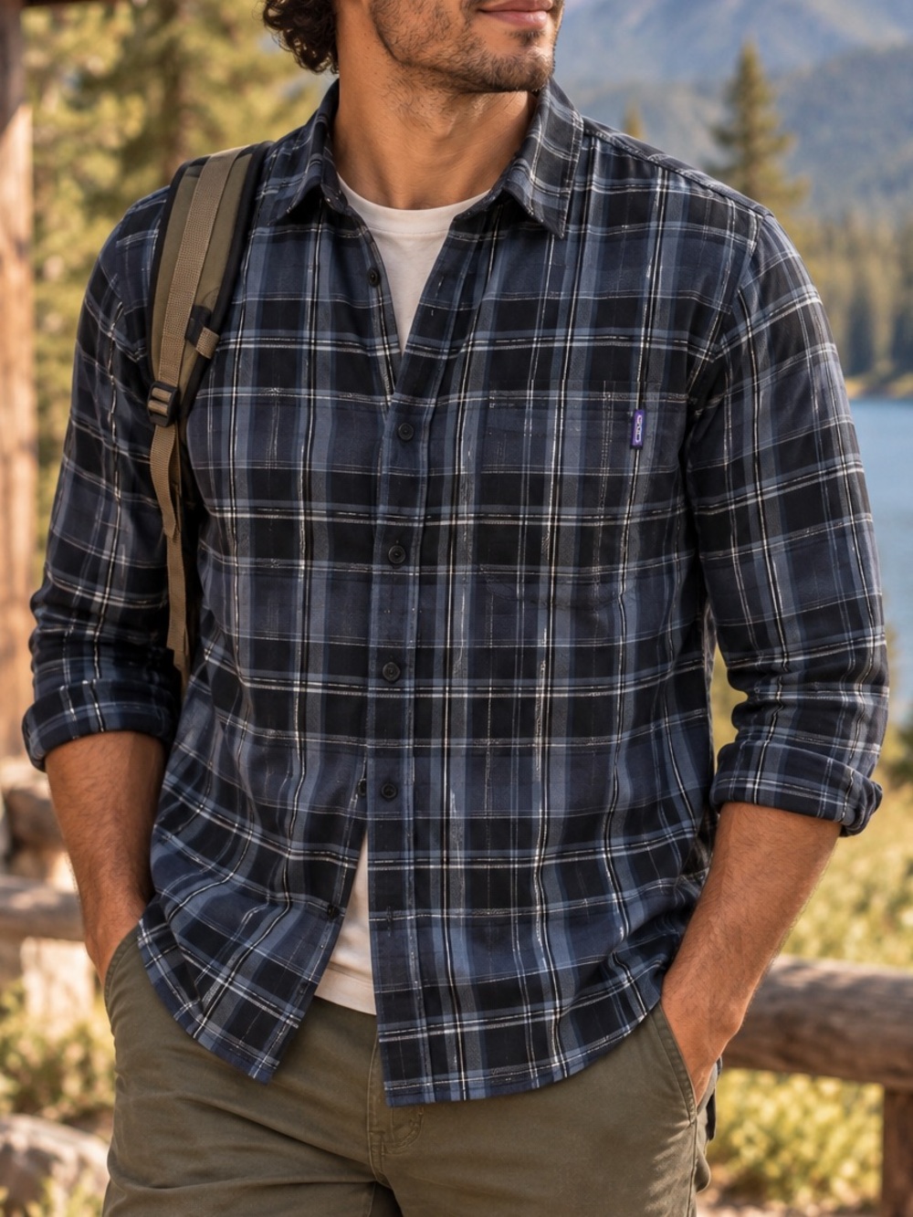 Patagonia Organic Cotton Men’s Plaid Button Down Shirt Blue Black Outdoor